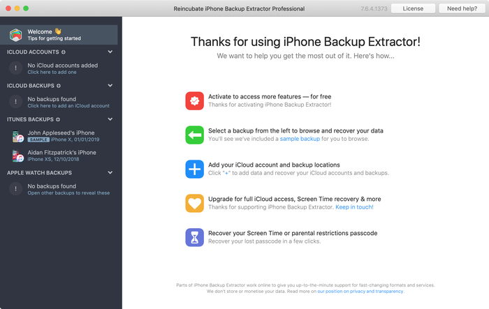 Резервні копії iTunes, показані в iPhone Backup Extractor