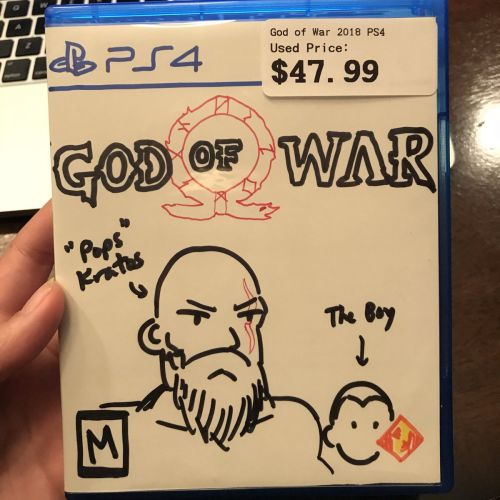 Поруч намалювали логотипи самої гри God of War, консолі, для якої вона була випущена, - PlayStation 4 і видавця гри - Sony