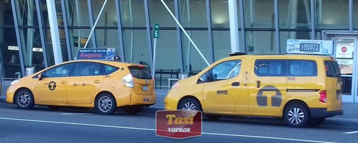 Це вже таксі в Аеропорту Нью-Йорка: мотлох сусідить з новим бортом   Таксі в Аеропорту Нью-Йорка: гібрид Пріус і мінівен