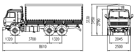 Габаритні розміри автомобіля КАМАЗ-53212Технічні характеристики вантажного автомобіля КАМАЗ-53212