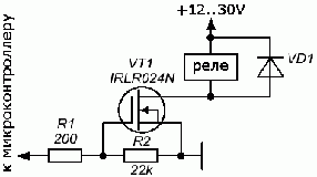 Нижче наведено приклад схеми для управління реле на транзисторі MOSFET