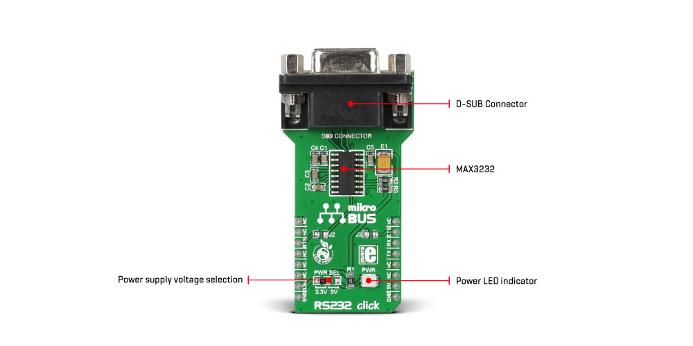 Основным компонентом щелчка RS-232 является   MAX3232   трансивер RS-232 с низким энергопотреблением от 3,0 до 5,5 В, от   Максим Интегрированный   ,  Эта ИС имеет два канала приемника и два канала передатчика и используется для преодоления физических различий между уровнями сигнала CMOS / TTL и уровнями шины RS-232